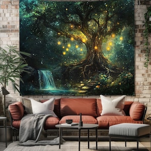 Enchanted Forest Tree Wall Hanging Tapestry - Magical Fantasy Art Tapestries - Mystical Boho Decor for Living Room or Bedroom