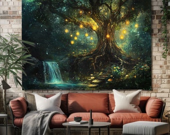 Enchanted Forest Tree Wall Hanging Tapestry - Magical Fantasy Art Tapestries - Mystical Boho Decor for Living Room or Bedroom