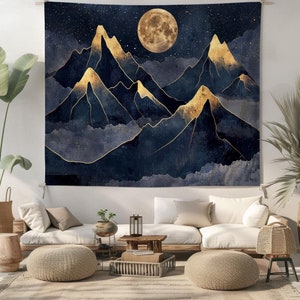 Golden Moon Mountain Tapestry, Night Sky Landscape Wall Art, Boho Celestial Tapestry for Living Room, Abstract Mountain Wall Hanging