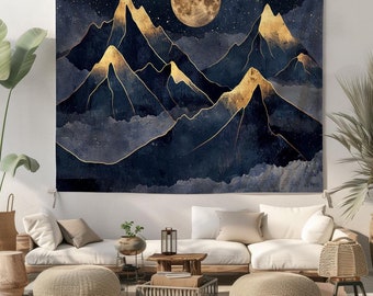 Goldener Mond-Gebirgsteppich, Wandbehang des Nachthimmel-Landschaftsbildes, Boho-Teppich für Wohnzimmer
