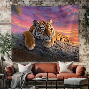 Majestic Tiger Tapestry, Sunset Jungle Wall Hanging Art, Vibrant Wildlife Tapestries, Exotic Big Cat Decor for Living Room or Bedroom