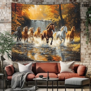 Wild Horses Tapestry, Running Horses Wall Hanging Art, Autumn Waterfall Landscape Tapestries, Nature-Inspired Wall Decor for Living Room