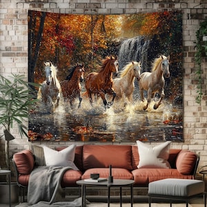 Running Horses Wall Tapestry with Autumn Waterfall | Majestic Wildlife Art for Rustic Decor, Equestrian Homes, or Nature-Lover Spaces