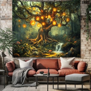 Magical Forest Tree with Lanterns Wall Hanging Tapestry - Enchanted Fantasy Art Tapestries - Mystical Boho Decor for Living Room or Bedroom