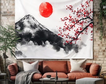 Japanese Cherry Blossom Mountain Tapestry, Red Sun Wall Hanging Art, Large Asian Tapestry Decor, Nature Themed Wall Tapestries Living Room