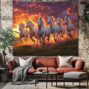 Sunset Running Horses Wall Hanging Tapestry - Majestic Animal Art Tapestries - Boho Decor for Living Room or Bedroom