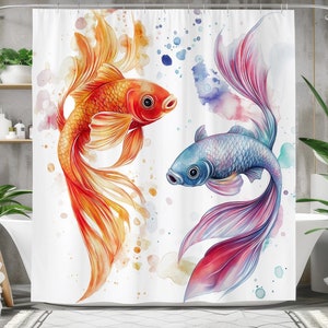 Watercolor Koi Fish Shower Curtain, Waterproof Fabric Bath Curtain, Artistic Fish Decor, Zen-Inspired Bathroom Design, Colorful Ocean Accent