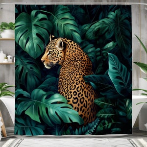 Leopard Jungle Shower Curtain, Waterproof Fabric Bath Curtain, Wild Animal Bathroom Decor Tropical Nature-Inspired Design Exotic GreenLeaves