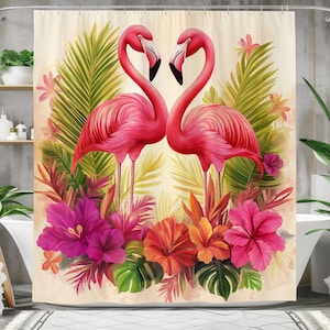 Pink Flamingo Shower Curtain, Waterproof Fabric Bath Curtain, Tropical Bathroom Decor, Floral Hibiscus Jungle Design, Exotic Bird Accent