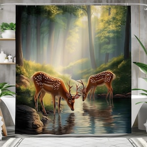 Hirsch-Trinkwasser-Duschvorhang, wasserdichter Stoff-Badevorhang, Waldwald-Badezimmerdekor, rustikales, von der Natur inspiriertes Design, ruhig