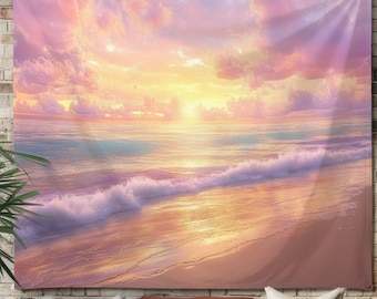 Golden Sunset Beach Wall Tapestry, Tranquil Ocean Waves Art, Pastel Coastal Decor, Serene Seascape Wall Hanging, Relaxing Beach Aesthetic