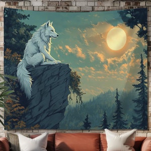 Emo Wolf Wall Hanging Tapestry – White Wolf on Cliff with Full Moon Tapestries Nature-Inspired Decor, Boho Wall Art, Majestic Forest Design
