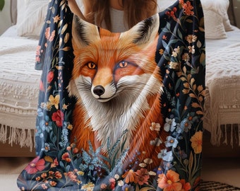Fox Blanket – Enchanting Floral Fox Throw – Cozy Fleece Blanket with Woodland Animal Design – Rustic Home Decor for Nature Lovers