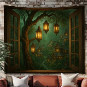 May include: A tapestry depicting a nighttime village scene viewed through an open window. The artwork features a large tree with hanging lanterns, illuminating the houses nestled in a green forest. The tapestry is displayed above a red sofa in a living room.