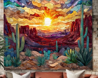 Southwestern Sunset Wall Hanging Tapestry – Desert Cactus Stained Glass Art Tapestries for Boho Decor, Vibrant Landscape Wall Art