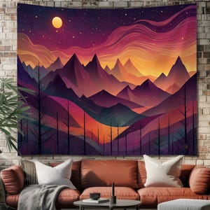 Mountain Tapestry, Stylized Landscape Wall Hanging, Celestial Sunset Art, Vibrant Nature Print, Boho Adventure Aesthetic Decor