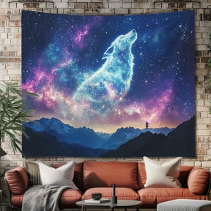 Galaxy Wolf Tapisserie mit kosmischem Nachthimmel | Mystische Krafttier Wandkunst für Boho Schlafzimmer, Teen Schlafsäle oder Sternenhimmel Dekor