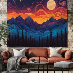 Sunset Mountain Tapestry, Swirling Night Sky Wall Art, Vibrant Landscape Wall Hanging, Boho Home Decor, Celestial Forest Tapestry