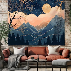 Moonlit Mountain Tapestry, Boho Landscape Wall Art, Starry Night Wall Hanging, Cozy Nature Decor, Celestial Forest, Rustic Home Aesthetic