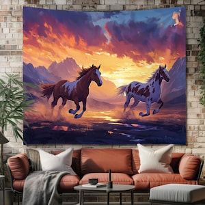 Tapestry Wild Horses Running Sunset | Majestic Western Wall Art, Nature Horse Decor for Living Room, Boho Country Spirit Animal Gift
