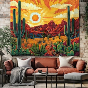 Wandtapijt woestijncactus, wandtapijt zuidwestelijke zonsondergang, boho muur hangen, Saguaro cactuskunst, kleurrijk westers decor, natuurkunst aan de muur