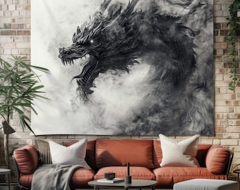 Tenture murale tapisserie dragon noir – tapisserie d'art fantaisie sombre, décoration gothique monochrome, art mural dragon féroce, décoration d'intérieur mystique