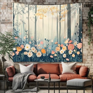 Floral Forest Tapestry Wall Hanging – Dreamy Woodland Flowers, Nature-Inspired Boho Decor, Tranquil Botanical Art Tapestry