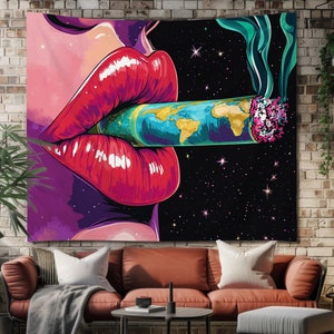 Tapisserie pop art Lèvres psychédéliques pour fille et tapisserie carte du monde, tenture murale cosmique trippy, décoration pop art audacieuse, tapisserie murale bohème colorée