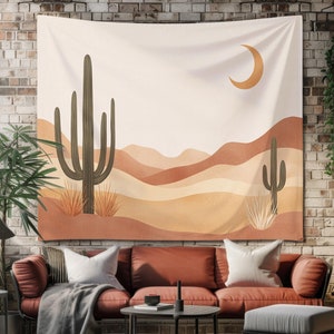 Minimalist Desert Cactus Wall Hanging Tapestry, Boho Desert Landscape Tapestry for Living Room, Neutral Earth Tones Wall Art Decor