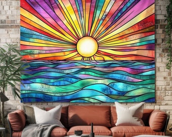 Colorful Stained Glass Sunset Wall Hanging Tapestry, Vibrant Ocean Waves and Sun Art for Living Room, Boho Rainbow Sunset Decor