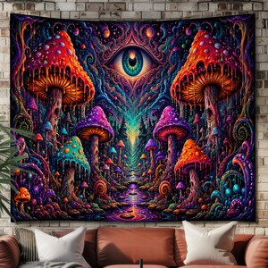 May include: A rectangular wall tapestry featuring a vibrant, psychedelic forest scene with large, dripping mushrooms in shades of red, orange, purple, and teal, centered around a large, detailed human eye under a dark, swirling cosmic sky.