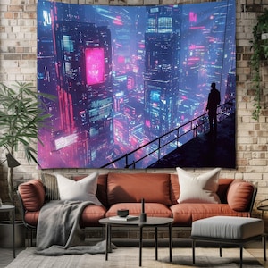 May include: A tapestry featuring a futuristic cityscape with neon lights and a lone figure standing on a rooftop overlooking the city.