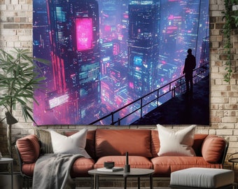 Cyberpunk Night City Wall Hanging Tapestry, Futuristic Neon Sci-Fi Tapestries for Living Room, Vaporwave Cyber City Art, Gamer Room Decor