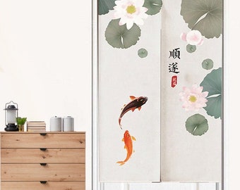 Noren japonais porte rideau Koi poisson, Lotus fleur porte rideau chambre diviseur décoration de la maison