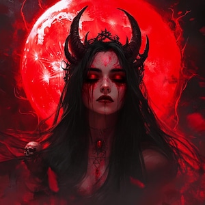 Peut inclure: Illustration num&eacute;rique d'une femme aux longs cheveux noirs, portant une couronne et des cornes, avec des yeux rouges et des tra&icirc;n&eacute;es de sang. Une grande lune rouge en arri&egrave;re-plan, avec un cr&acirc;ne sur l'&eacute;paule. Le th&egrave;me g&eacute;n&eacute;ral est la fantasy sombre.