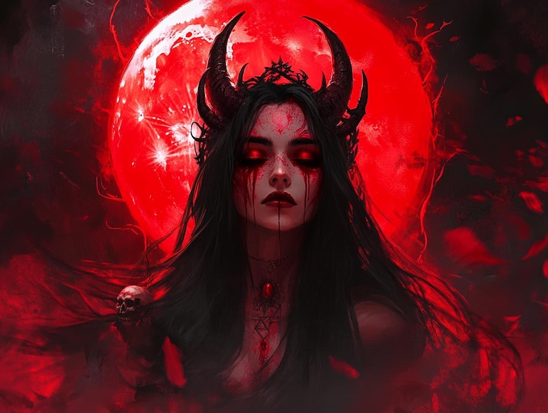 Peut inclure: Illustration num&eacute;rique d'une femme aux longs cheveux noirs, portant une couronne et des cornes, avec des yeux rouges et des tra&icirc;n&eacute;es de sang. Une grande lune rouge en arri&egrave;re-plan, avec un cr&acirc;ne sur l'&eacute;paule. Le th&egrave;me g&eacute;n&eacute;ral est la fantasy sombre.