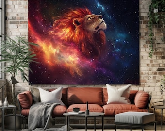 Kosmischer Löwe-Tapisserie - feuriger Galaxie-Wandbehang, majestätische Tierkunst-Wandteppiche für Wohnzimmer, Raumdekor in lebendigen Farben