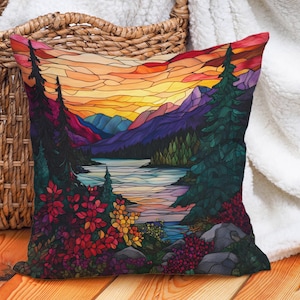 Stained Glass Abstract Landscape Mountain Pillow Cover – Cotton Linen Throw Pillowcase, Scenic Sunset Cushion Nature Gift, Rustic Home Decor