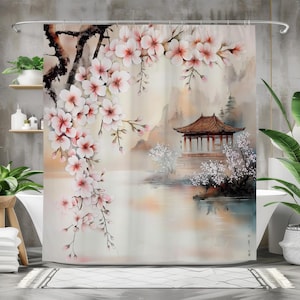 Cherry Blossom Garden Shower Curtain, Waterproof Fabric Bath Curtain, Asian-Inspired Bathroom Decor, Floral Nature Design Bathroom Art