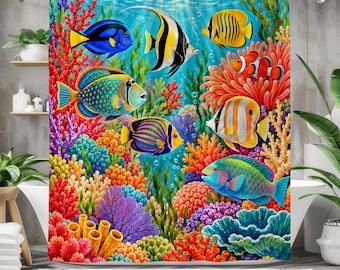 Tropical Fish Shower Curtain, Colorful Coral Reef Underwater Ocean Bathroom Decor, Vibrant Marine Life Art, Coastal Beach House