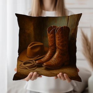Western Throw Pillow Cover, Cowboy Boots Hat Decorative Cushion Cover, Rustic Farmhouse Country Decor