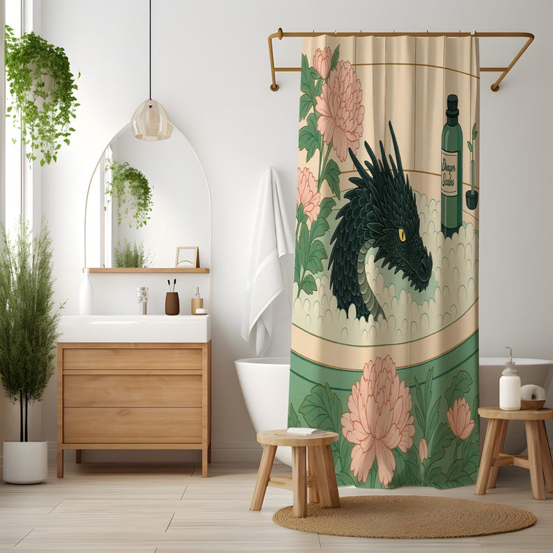 Dragon Bath Shower Curtain, Whimsical Fantasy Bathroom Decor, Waterproof Quick Dry Fabric image 6