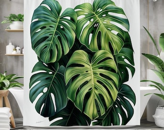 Cortina de ducha con hojas verdes de Monstera, cortina de baño de tela impermeable, decoración de baño con vegetación tropical, diseño botánico atrevido, tema de jungla