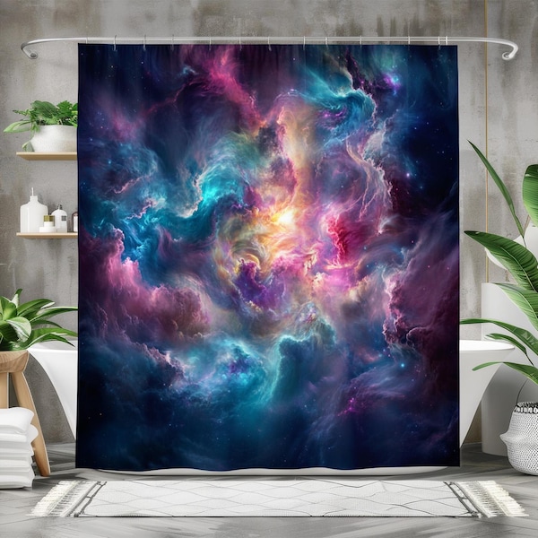 Cortina de ducha con nebulosa cósmica, cortina de baño de tela impermeable, decoración de baño espacial, diseño de galaxia vibrante, arte abstracto del espacio exterior