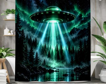 UFO Shower Curtain, Alien Spaceship Forest Bathroom Decor, Sci Fi Galaxy Bath Curtain, Dark Cosmic Cabin Decor, Space Lover Gift