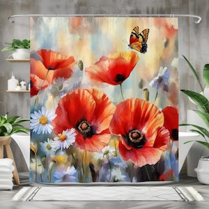 Red Poppy Shower Curtain, Waterproof Fabric Bath Curtain, Floral Bathroom Decor Butterfly and Poppies Design Nature-Inspired Shower Curtain