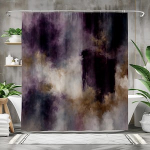 May include: Abstract shower curtain with a dark purple, brown, and white color palette. The design features a blurred, cloud-like pattern, creating a modern and artistic look. The curtain hangs from a silver rod, adding a touch of elegance to the bathroom.