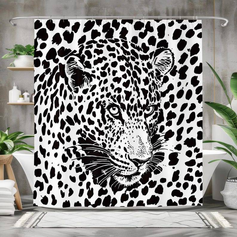 Leopard Print Shower Curtain in Black and White, Bold Jungle Cat ...