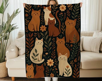 Folk Art Cat Blanket Fleece Flannel Throw – Earthy Floral Cat Decor – Cozy Soft Kitty Blanket – Cute Gift for Cat Lover – Fall Couch Throw