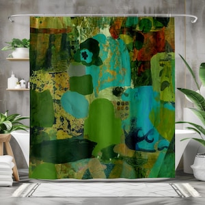 May include: Abstract shower curtain with a vibrant mix of colors. The design features overlapping shapes in shades of green, teal, and gold, creating a textured, artistic look. The curtain is hung in a modern bathroom setting.
